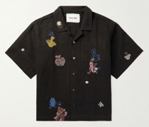 Greetings bedrucktes Hemd mit Stickereien aus einer Baumwoll-Leinenmischung mit Reverskragen