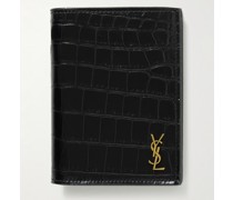 Aufklappbares Portemonnaie aus Leder mit Krokodileffekt und mit Logoapplikation