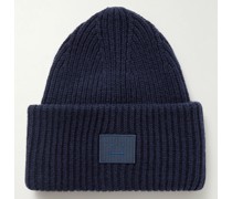 Beanie aus Wolle in Rippstrick mit Logoapplikation