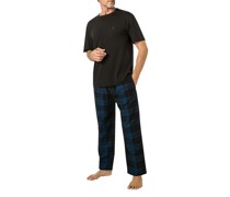Schlafanzug Pyjama Jersey schwarz-royal kariert