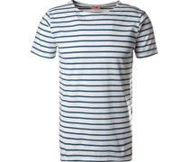 T-Shirt Baumwolle ecru-azurblau gestreift