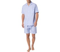 Schlafanzug Pyjama Baumwolle bleu-weiß kariert
