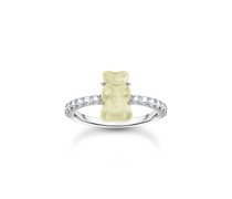 Ring mit weißem Mini-Goldbären und Steinen Silber