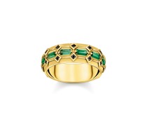 Ring Krokodilpanzer breit mit smaragdgrünen Steinen vergoldet
