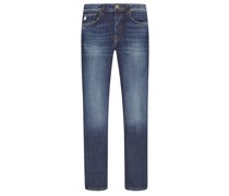 Jeans U2 mit Stretchanteil im Used-Look, Tapered Fit Marine
