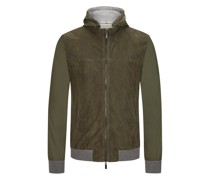 Lederblouson mit abnehmbarer Kapuze und Kontrastelementen Oliv