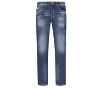 Jeans im Used-Look, Tapered Fit Mittelblau