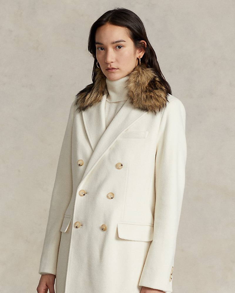 Ralph Lauren Damen Zweireihiger Mantel mit Kunstpelzkragen