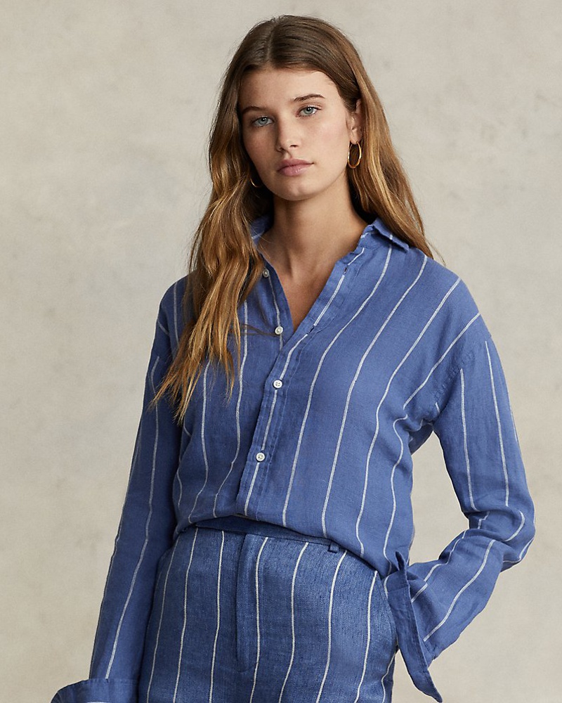 Ralph Lauren Damen Gestreiftes Relaxed-Fit Leinenhemd