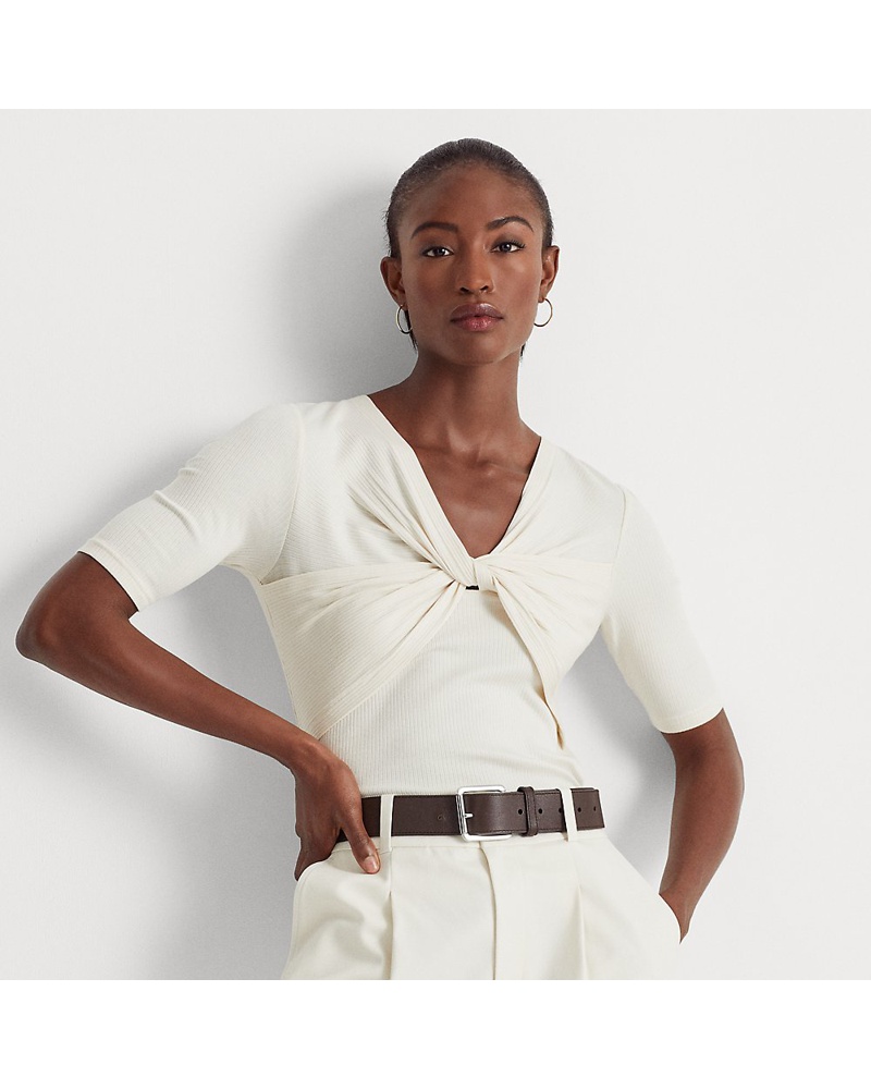 Ralph Lauren Damen Kurzgrößen Geripptes T-Shirt mit Twist-Detail