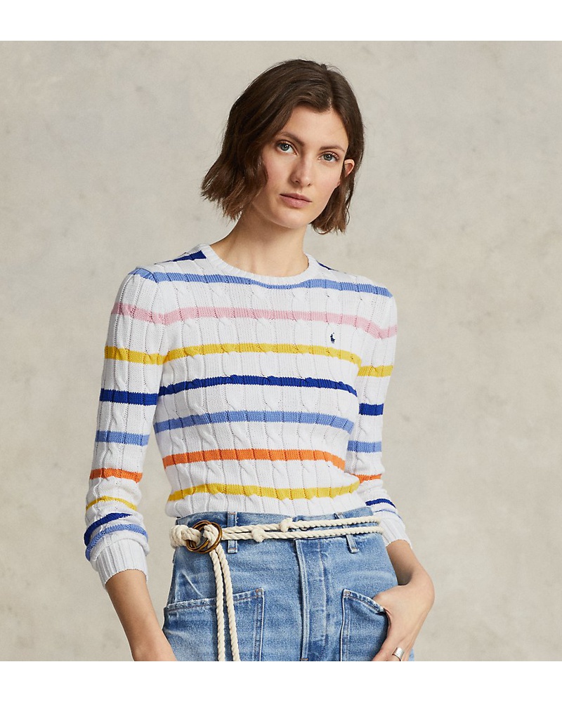 Ralph Lauren Damen Gestreifter Zopfmuster-Baumwollpullover
