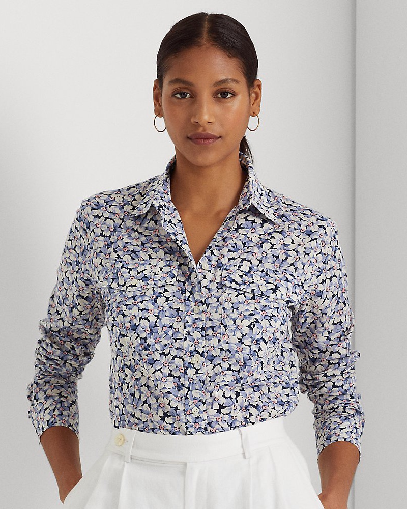 Ralph Lauren Damen Kurzgrößen Geblümtes Hemd aus Baumwollvoile