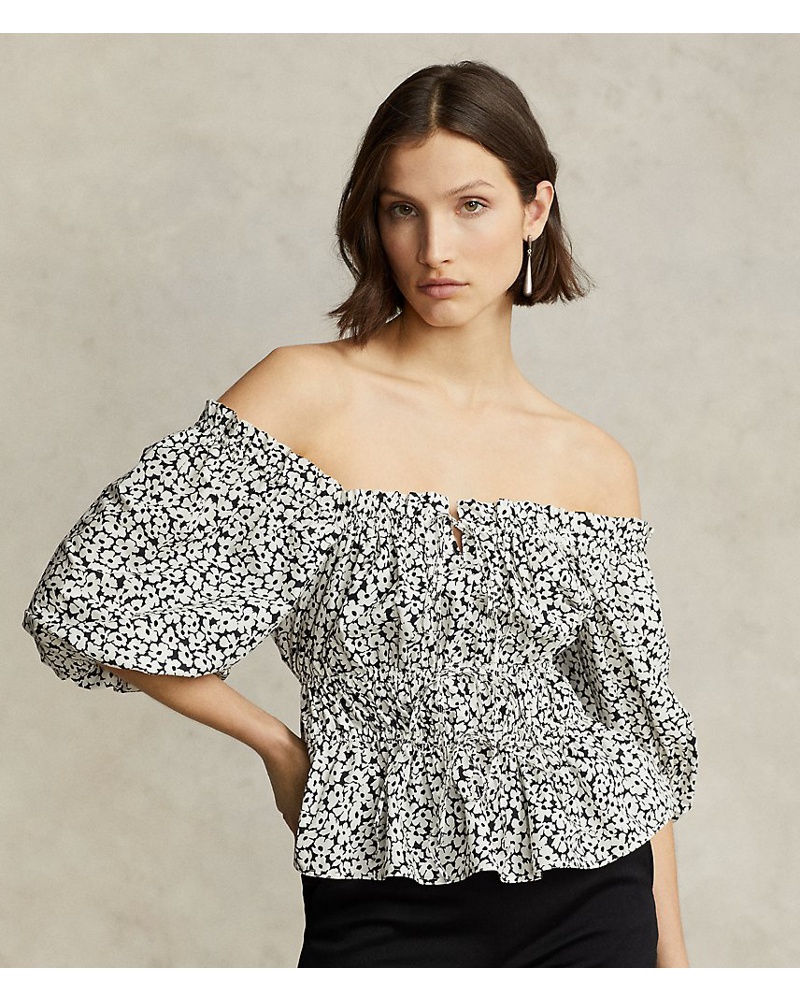 Ralph Lauren Damen Baumwolloberteil mit Blousonärmeln