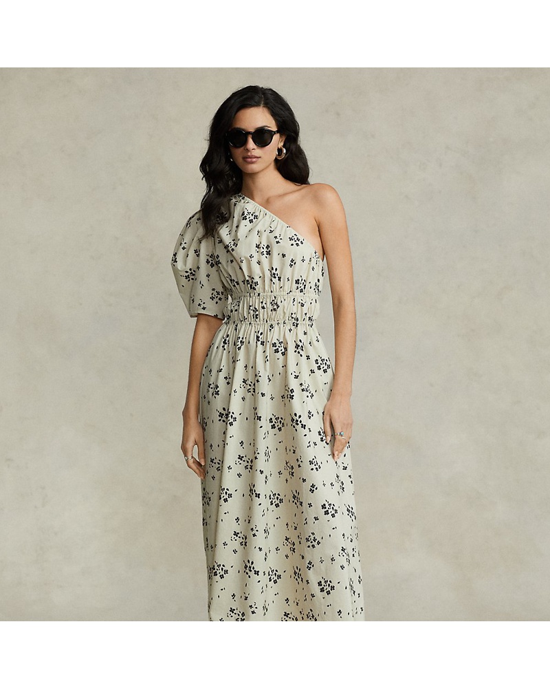 Ralph Lauren Damen Asymmetrisches gesmoktes Popelinekleid