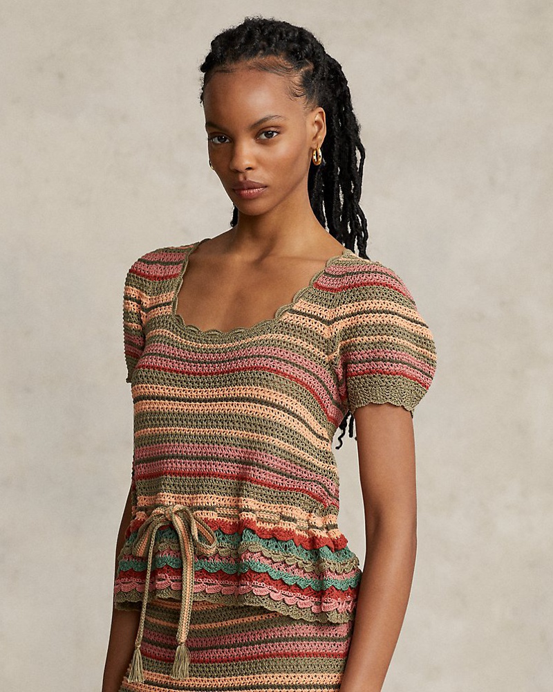 Ralph Lauren Damen Gestreiftes T-Shirt mit Lochmuster