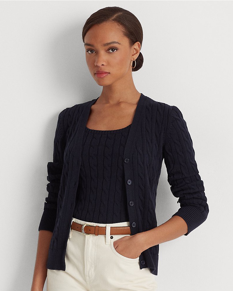 Ralph Lauren Damen Kurzgrößen Baumwollstrickjacke mit Zopfmuster
