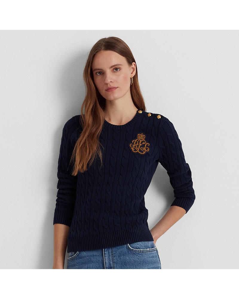 Ralph Lauren Damen Zopfmusterpullover mit Bouillonstickerei Ralph Lauren Damen Zopfmusterpullover mit Bouillonstickerei