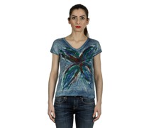 V-Neck T-Shirt mit handbemalten Print mehrfarbig