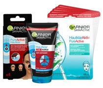 GARNIER Collection Hautklar Geschenkset PureActive Anti-Mitesser Strips 50 ml + Hautklar 3-in-1 Kohle 150 ml + PureActive Tuchmaske 5 x 23 g