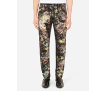 Slim-fit black stretch jeans with marbled print