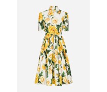 Hemdblusenkleid aus Baumwolle Gelbe-Rosen-Print
