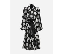 Longuette-Kleid aus Chiffon Punkteprint mit Details aus Piqué