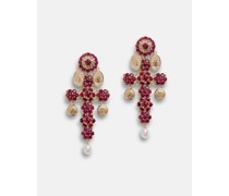 Family yellow gold cross pendant earrings with rubies