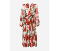 Longuette-Kleid aus Chiffon Mohnblumen-Print
