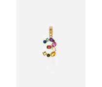 18 kt yellow gold rainbow pendant  with multicolor finegemstones representing number 3
