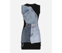 Kurzes Kleid aus Patchwork-Denim und Jersey