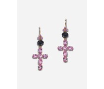 Family yellow gold earrings with rose and cross pendant