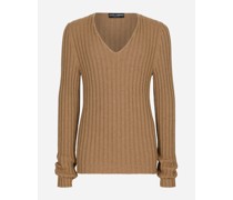 V-Pullover aus Kamelhaar mit Rippenmuster