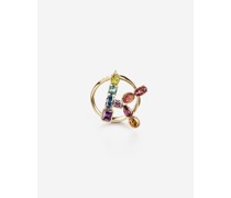 Rainbow alphabet K ring in yellow gold with multicolor fine gems