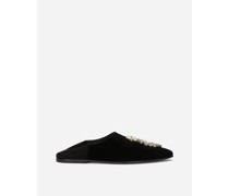Slipper aus Samt mit Broschenstickerei