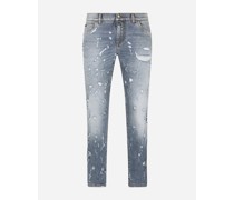 Jeans Slim Fit Stretch blaue Waschung mit Abriebstellen