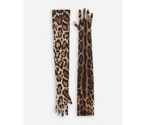 Lange Handschuhe aus Stretchsatin mit Leopardenmuster-Aufdruck