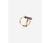 Rainbow alphabet T ring in yellow gold with multicolor fine gems