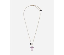 Kreuzanhänger Family mit rose an kette aus gelbgold
