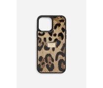 Cover für iPhone 14 Pro Max aus glänzendem Kalbsleder mit Leopardenmuster-Aufdruck