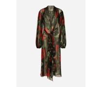 Longuette-Kleid aus Chiffon mit Rosenprint und Schleife