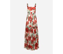 Langes Kleid aus Chiffon Mohnblumen-Print