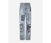 Jeans aus Patchwork-Denim mit Rissen