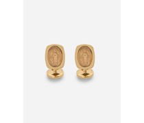 MANSCHETTENKNÖPFE DEVOTION AUS GELBGOLD MIT OVALEM RELIGIÖSEM MEDAILLON AUS ROTGOLD