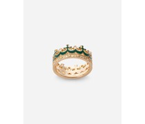 Crown yellow gold ring with green enamel crown and diamonds