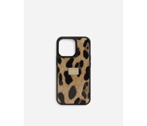 Cover für iPhone 14 Pro aus glänzendem Kalbsleder mit Leopardenmuster-Aufdruck