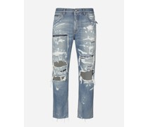 Jeans Loose aus gewaschenem blauem Denim mit Rissen