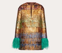 Valentino GOLDEN WINGS MULTICOLOR BROKAT-KLEID IM KAFTAN-STIL mit FEDERN Frau
