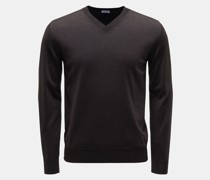 Merino Feinstrick V-Ausschnitt-Pullover dunkelbraun