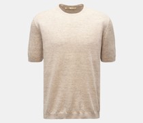 Leinen Rundhals-Kurzarmpullover beige