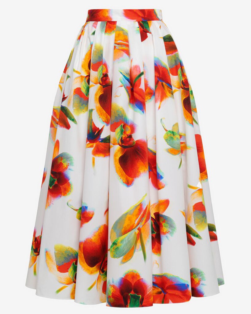Alexander McQueen Damen Midirock mit Falten und Solarised Orchid-Print